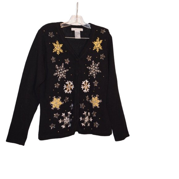 Victoria Jones (R) Knit Embroidery Christmasy Snow Flakes Beads Black Jacket S - Picture 1 of 7